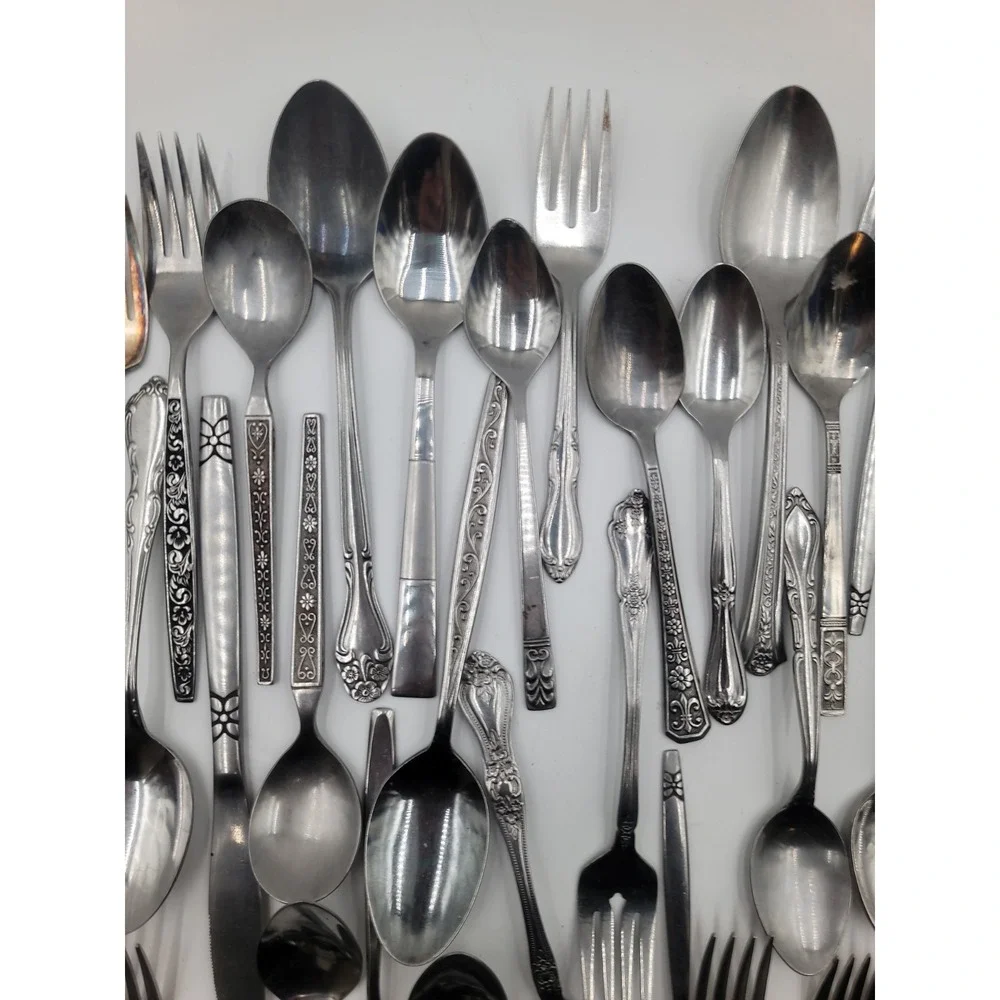 76pc Mixed Stainless Flatware Lot Floral Mismatched Bulk Silverware Crafts